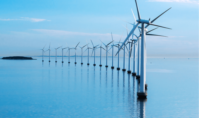 Coastal wind turbines in a row