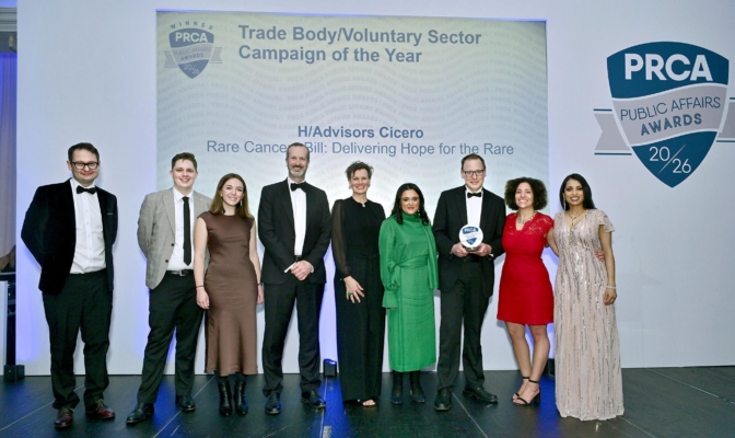 Rare Cancers Bill team from H/Advisors Cicero collecting the PRCA Public Affairs Award 2026